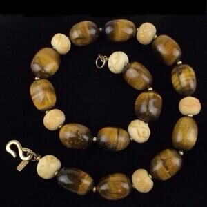 Vintage Kenneth Jay Lane Tigers Eye Necklace Carved Bead 18”